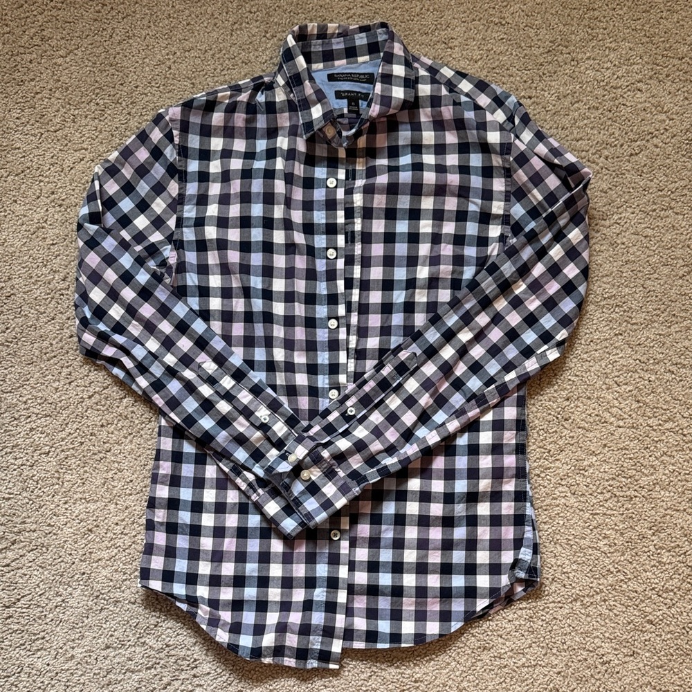 Banana Republic Men's Plaid Shirt - Blue, White, and Lavender